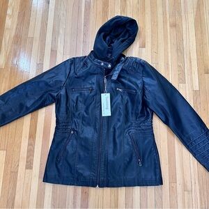 NWT Black Faux Leather Jacket w Removable Hood Size XL